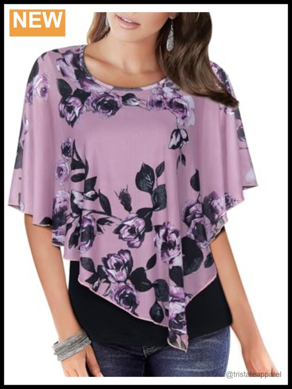 Women's Flowy Scoop Neck Poncho Blouse Top Double Layered Asymmetrical Casual